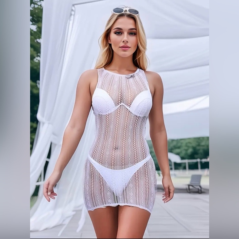 Brand New White Stretchy Sheer Sexy BodyCon Swim Cover Dress - Picture 9 of 12